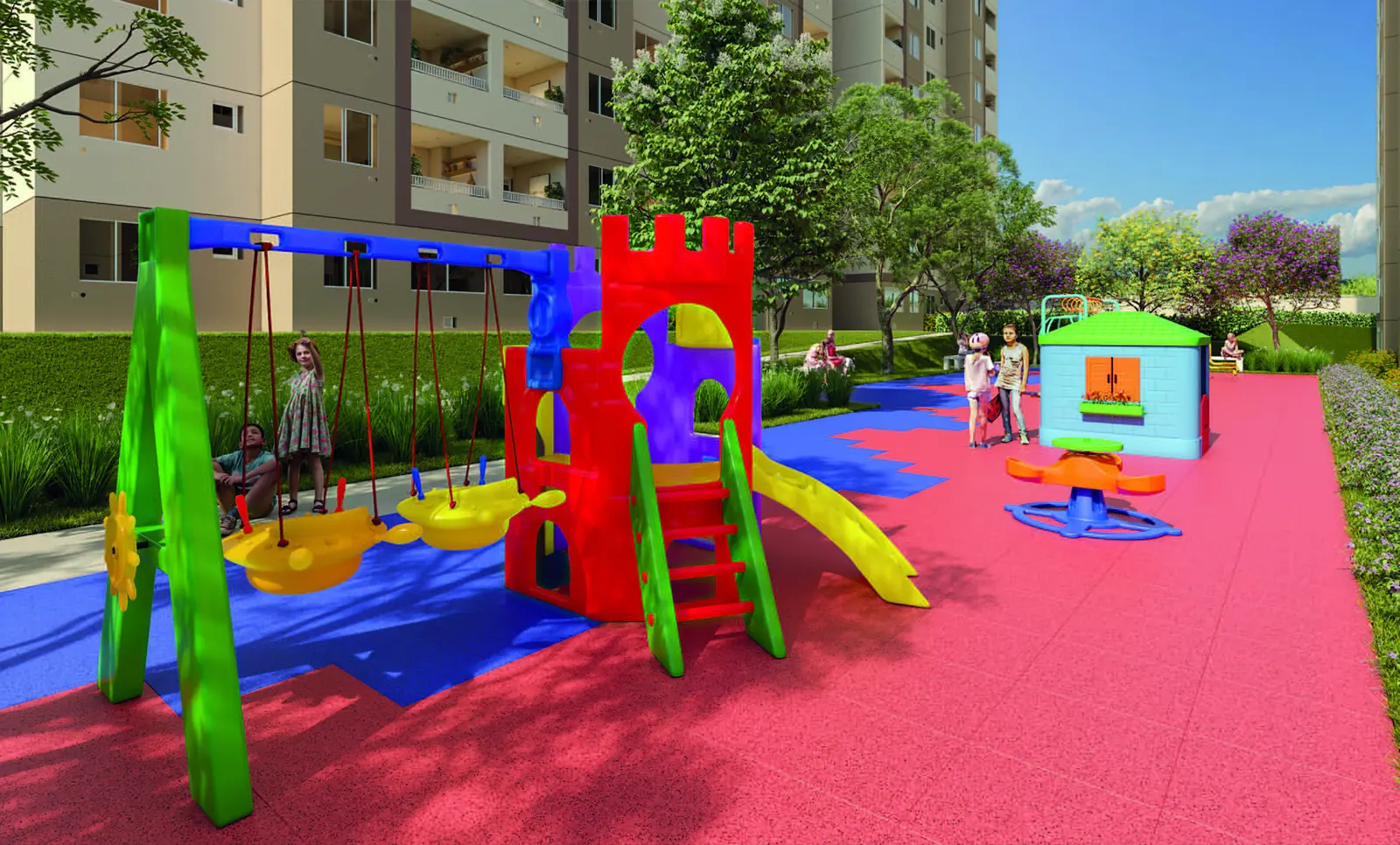 Play baby do Vista di Mari Prime, com balanços, escorregador e gangorras coloridas