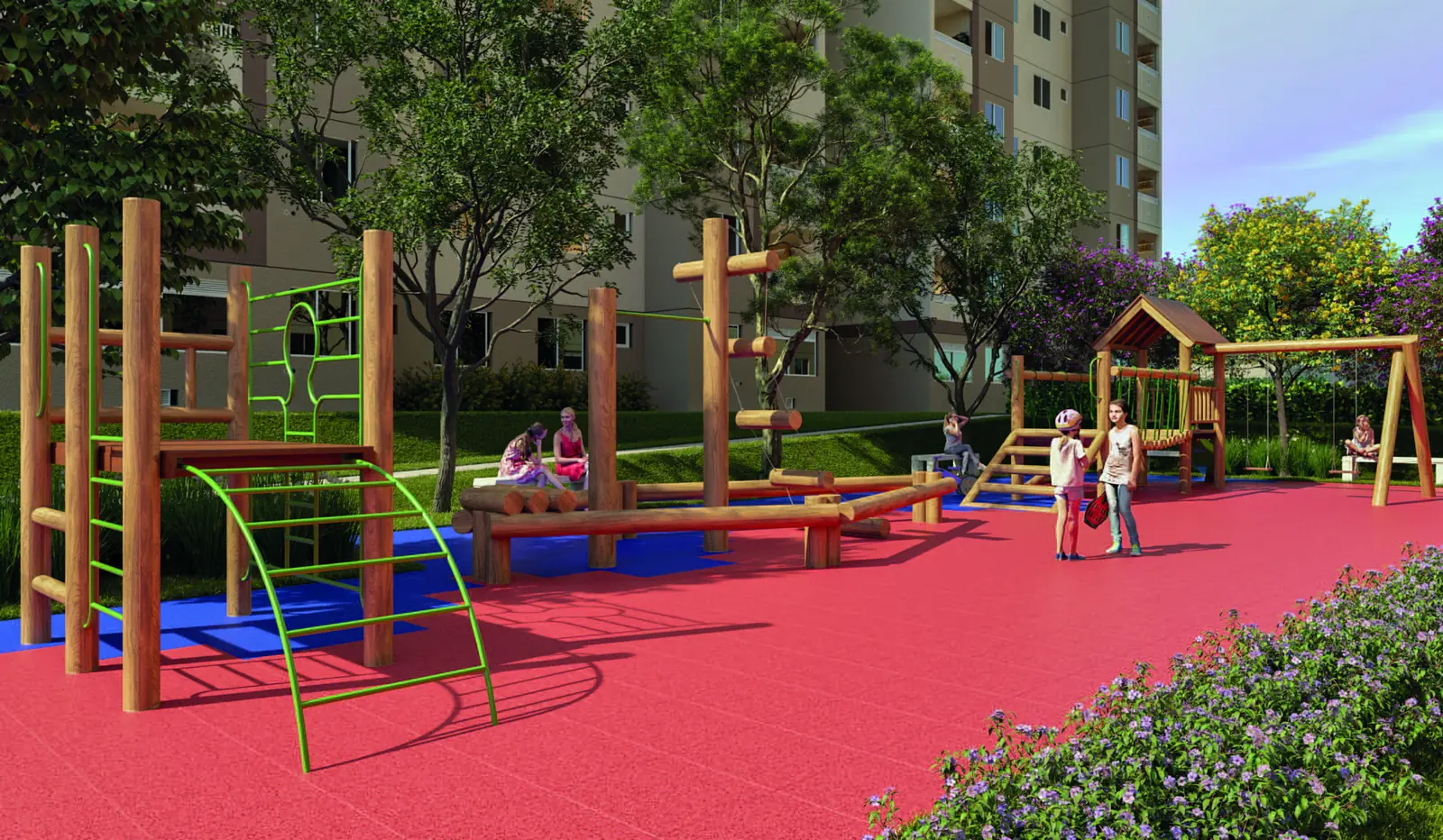 Play kids do Vista di Mari Prime, com estrutura de escalada e piso emborrachado