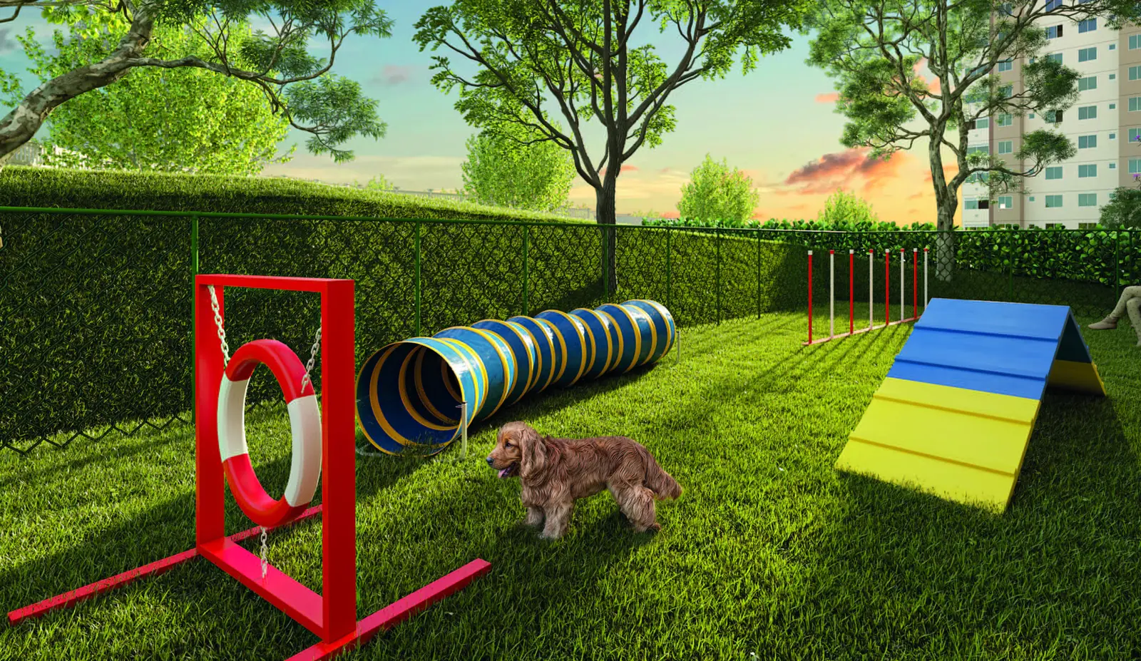 Play pet do Vista di Mari Prime, com túnel, argola e rampa de agility sobre a grama