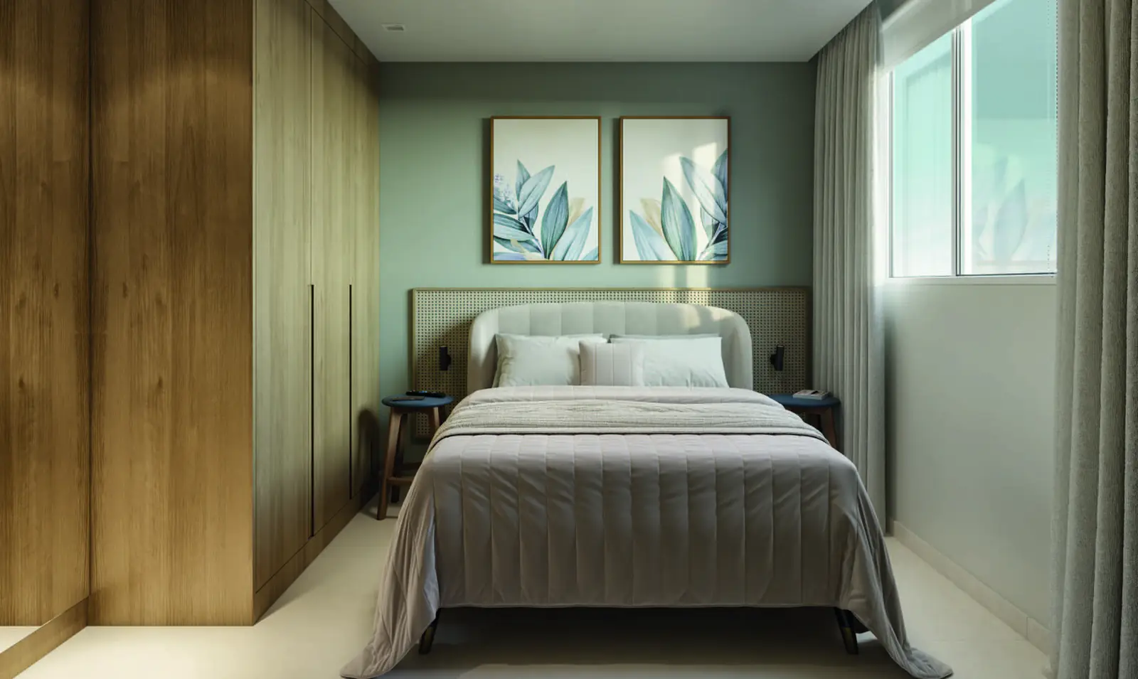 Quarto de casal decorado do Vista di Mari Prime, com cama, armário e quadros na parede