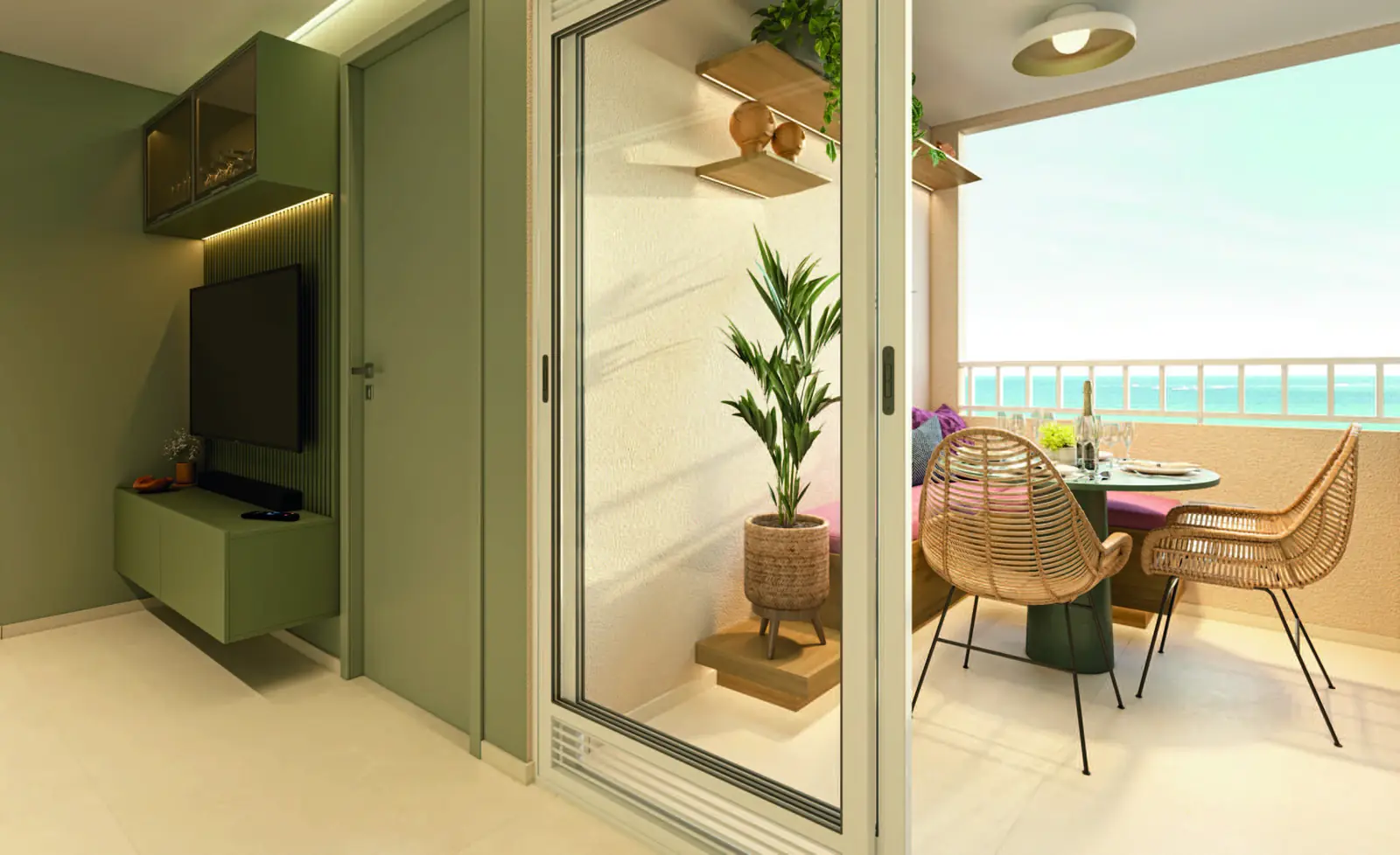 Varanda decorada de um apartamento do Vista di Mari Prime, com mesa, cadeiras e vista para o mar