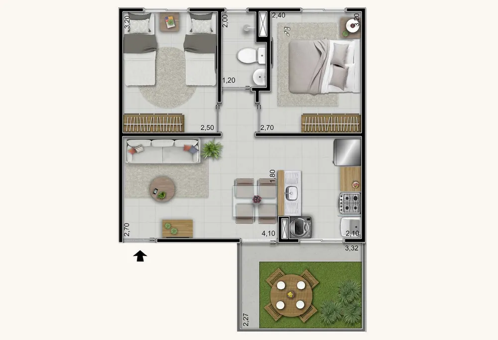 Planta baixa do tipo A do Vitória Íris, com jardim privativo, totalizando 47,83 m²