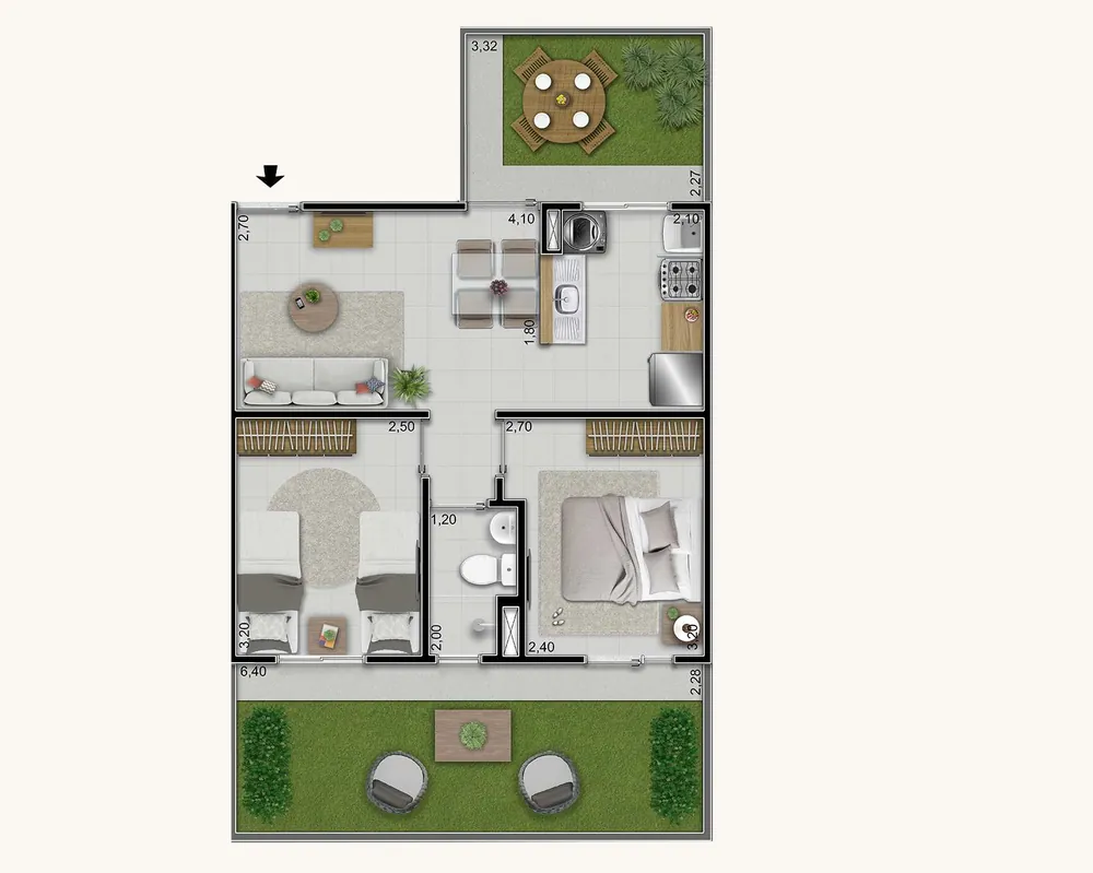 Planta baixa do tipo D do Vitória Íris, com dois jardins privativos, totalizando 63,47 m²