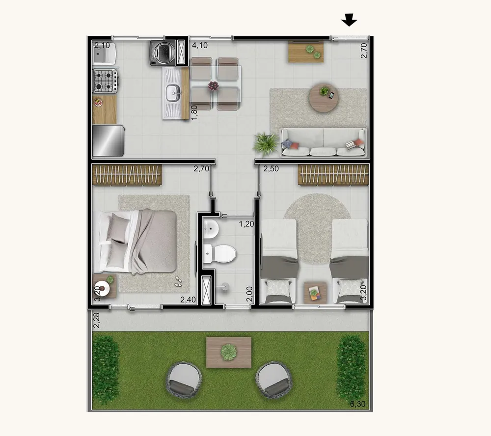 Planta baixa do tipo E do Vitória Íris, com jardim privativo em faixa, totalizando 55,42 m²