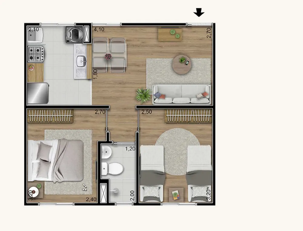 Planta baixa do tipo padrão do Vitória Íris: sala, cozinha, dois quartos e um banheiro, com 40,02 m²