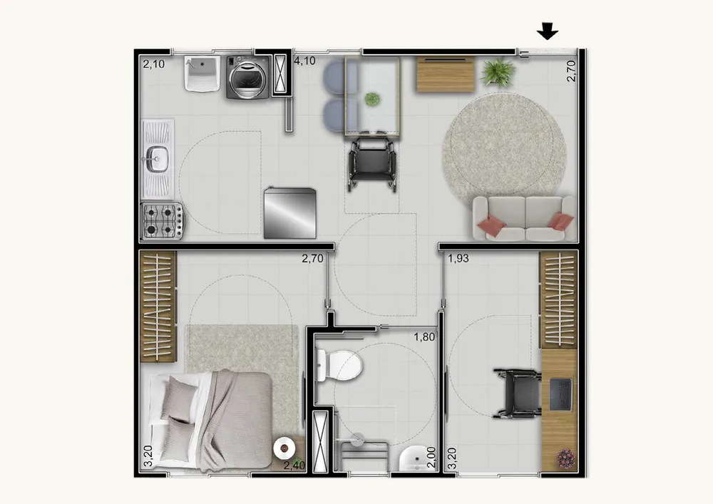 Planta baixa do tipo PCD do Vitória Íris, com raios de giro para cadeira de rodas, 40,02 m²