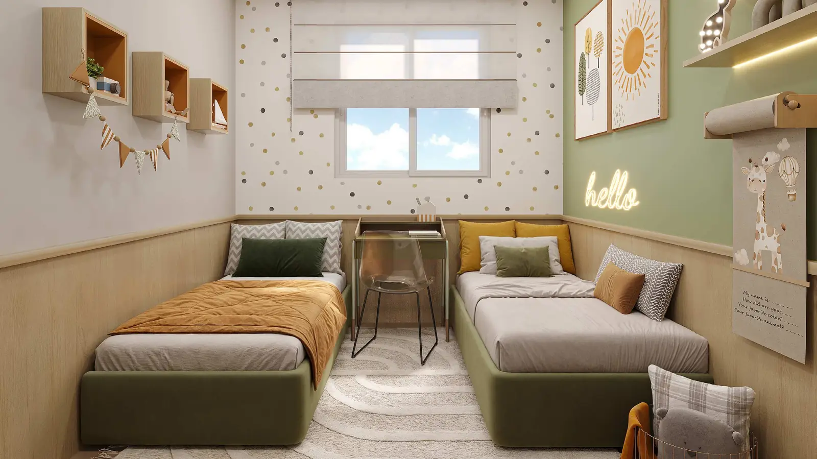 Quarto de solteiro decorado do Vitória Íris, com duas camas e prateleiras