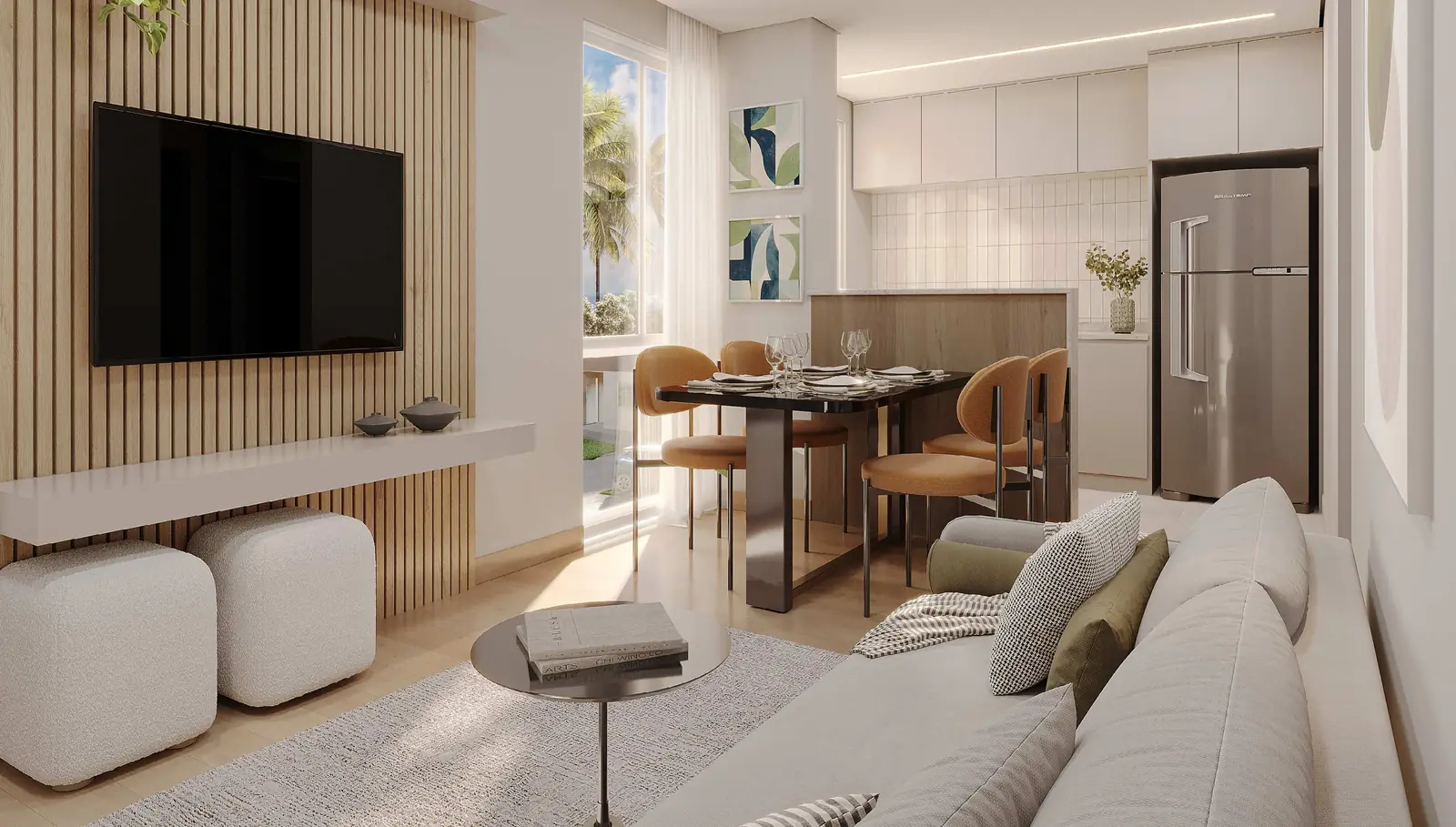 Sala de estar e jantar decorada de um apartamento do Vitória Íris, com painel de TV e mesa para quatro