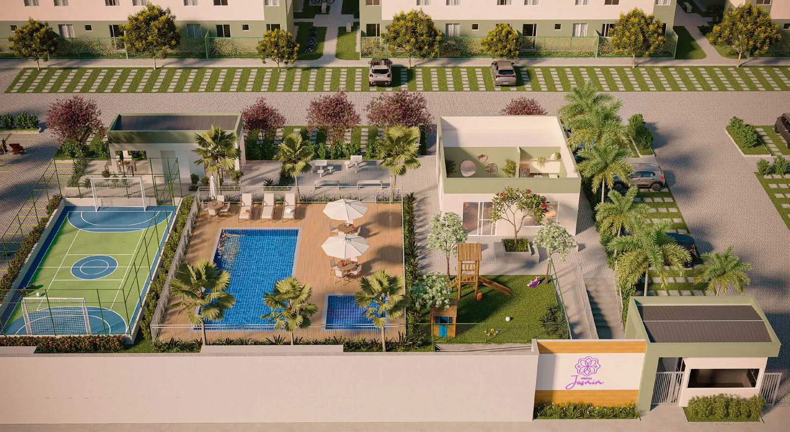 Vista aérea da área de lazer do Vitória Jasmim, com quadra, piscina adulto e infantil, deck, playground e as torres ao redor