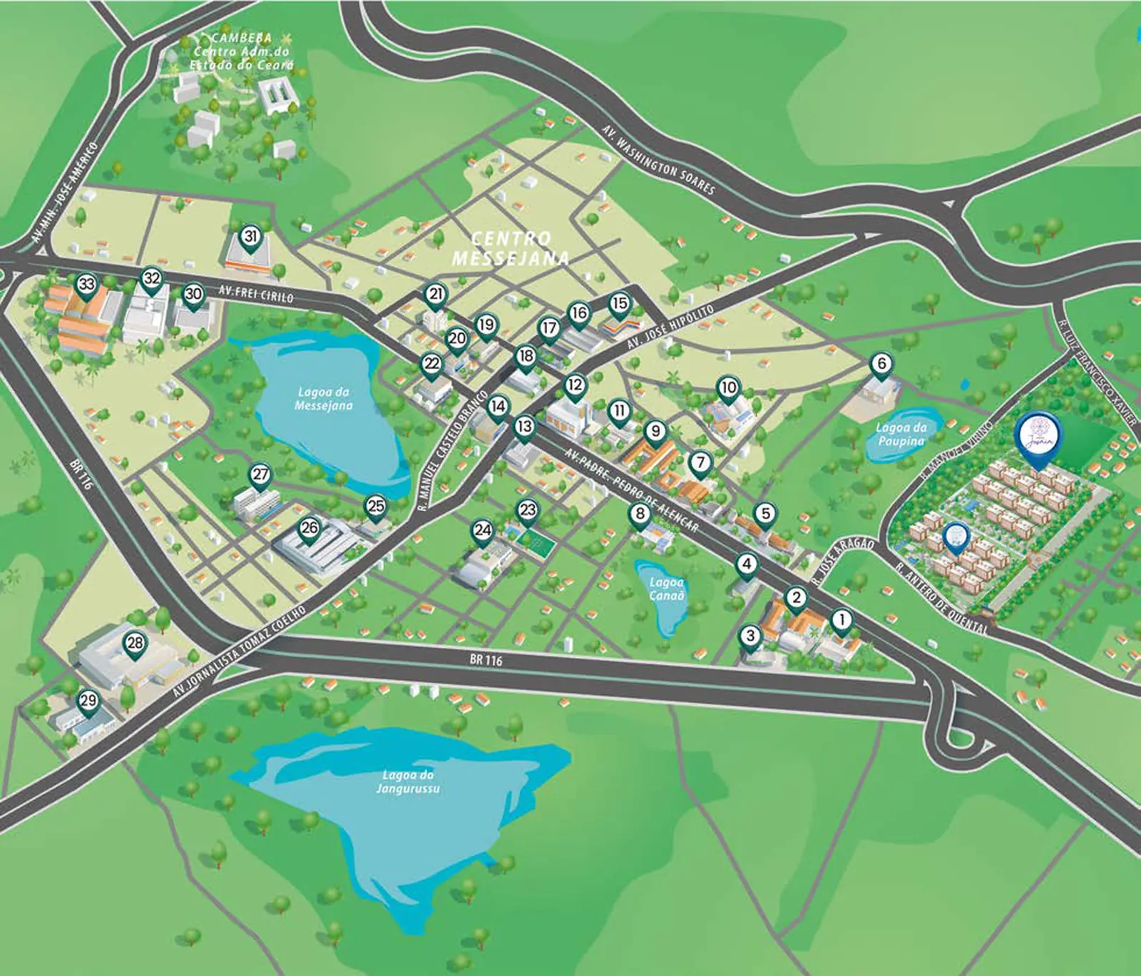 Mapa ilustrado do entorno do Vitória Jasmim em Messejana, com a BR-116, a Avenida Washington Soares, as lagoas da Messejana, do Curral e do Jangurussu e os pontos de comércio e serviço numerados