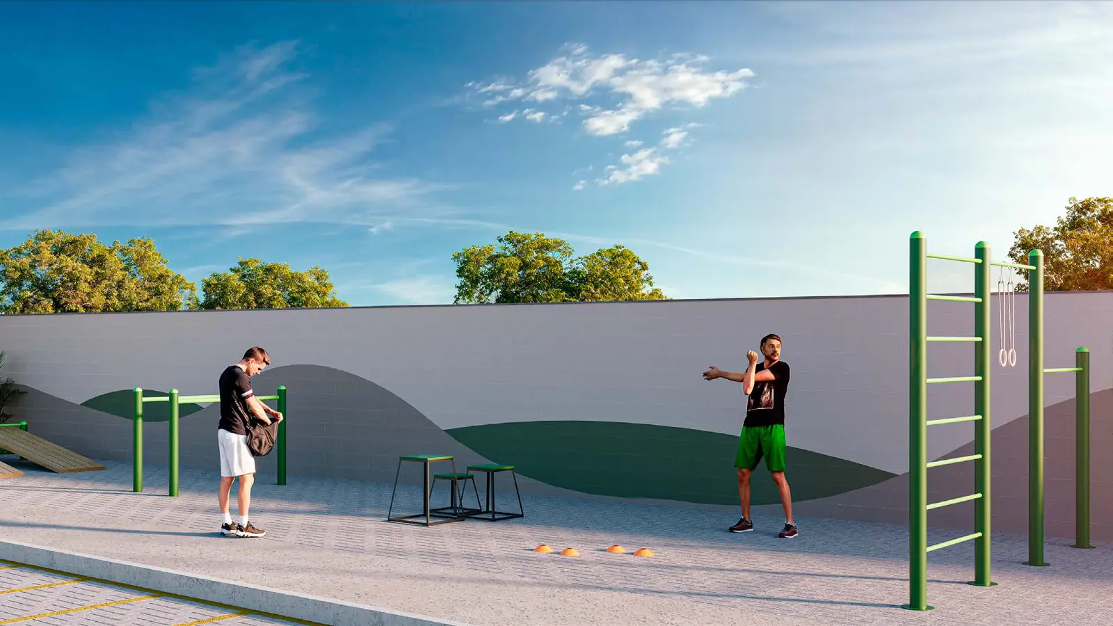 Fitness externo do Vitória Jasmim, com barras, espaldar e aparelhos de ginástica ao ar livre