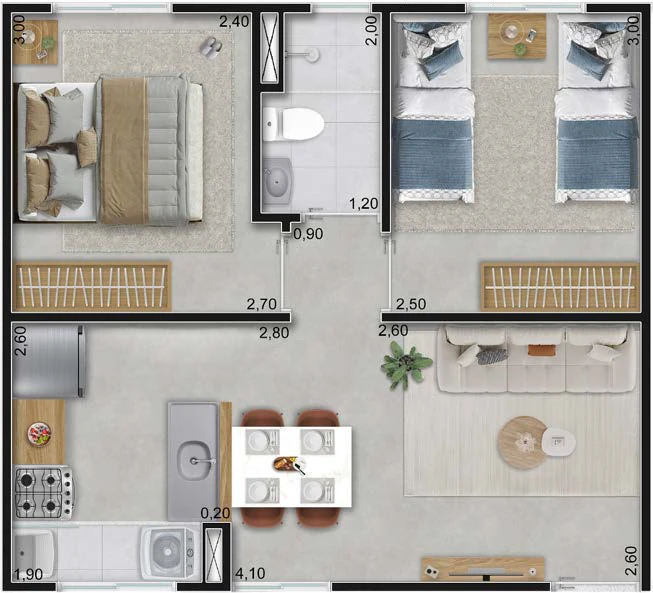 Planta baixa do Tipo A do Vitória Jasmim: sala, cozinha com área de serviço, banheiro e dois quartos, com 38,08 m²