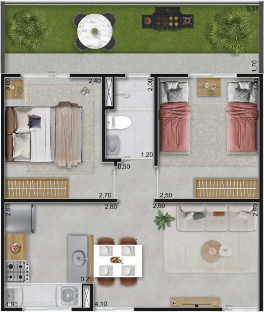 Planta baixa do Tipo B térreo do Vitória Jasmim: a mesma planta de 38,08 m² com jardim privativo de 11,62 m²