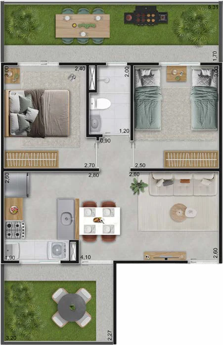 Planta baixa do Tipo C do Vitória Jasmim: apartamento de 38,08 m² com dois trechos de jardim privativo