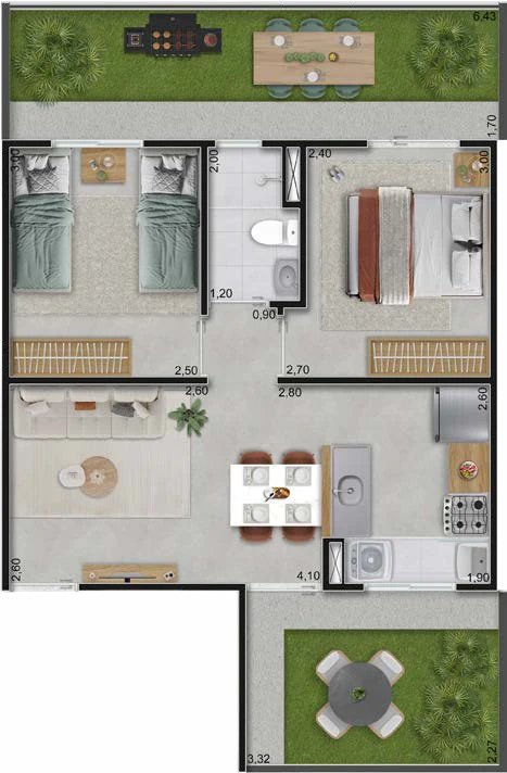 Planta baixa do Tipo D do Vitória Jasmim: apartamento de 38,08 m² com dois trechos de jardim privativo