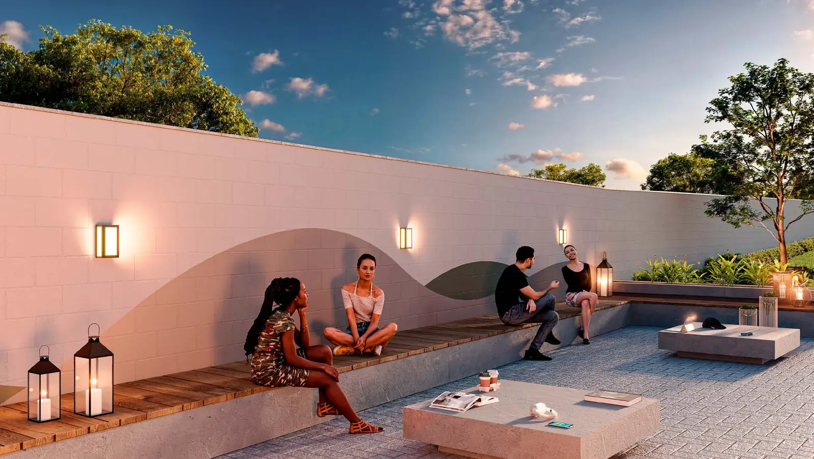 Praça do Vitória Jasmim ao entardecer, com bancos em deck, lanternas e moradores conversando