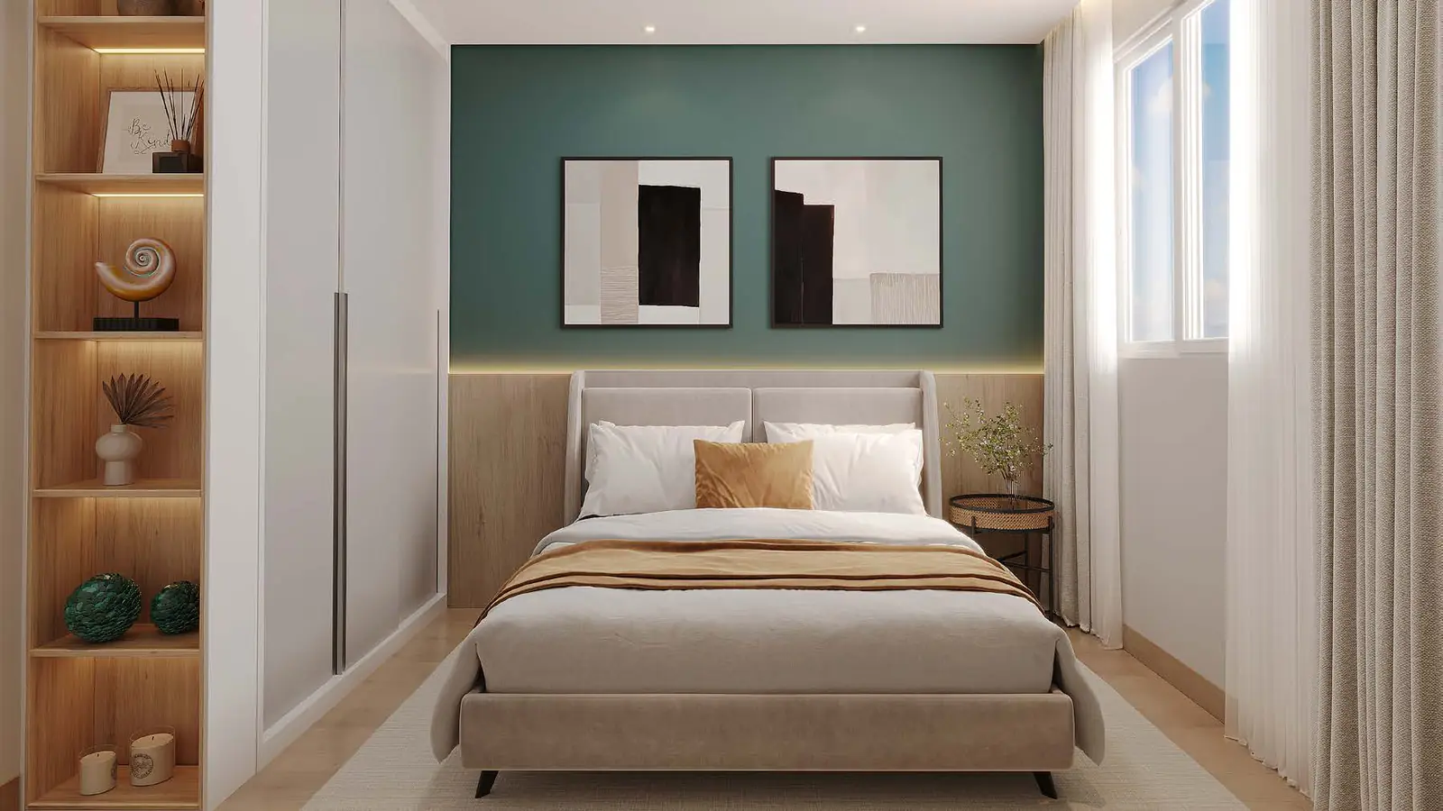 Quarto de casal decorado do Vitória Jasmim, com cama, armário e nichos na parede