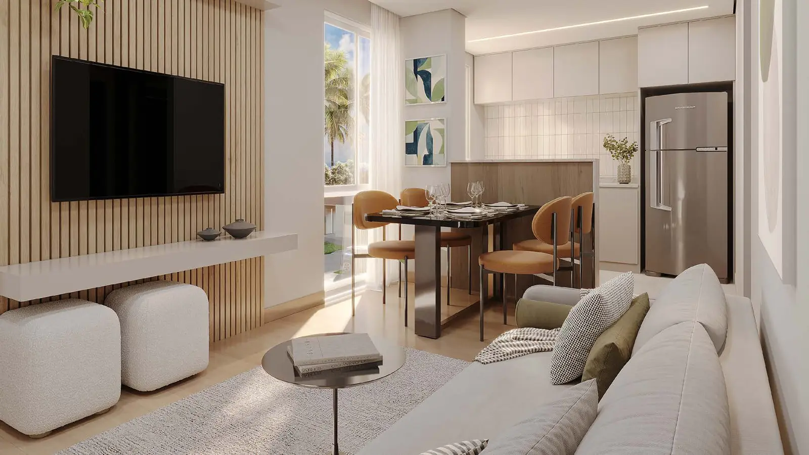 Sala de estar e jantar decorada de um apartamento do Vitória Jasmim, com painel de ripas, televisão e cozinha ao fundo