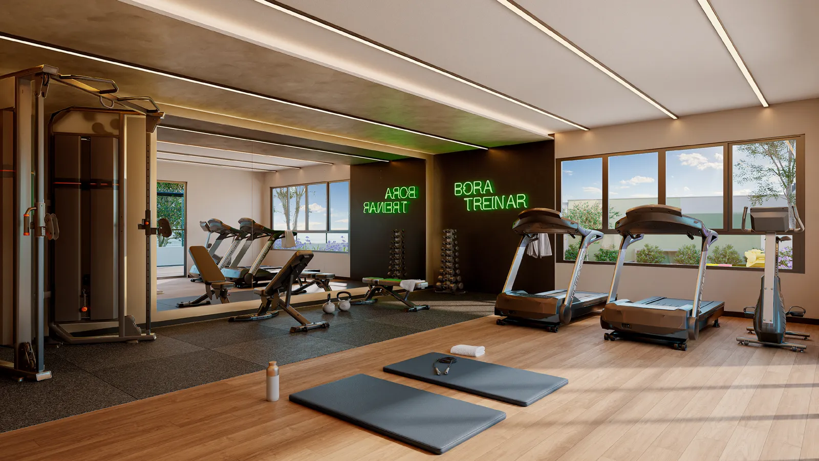 Academia do Viver Bosque, envidraçada, com esteiras, bicicletas e aparelhos de musculação