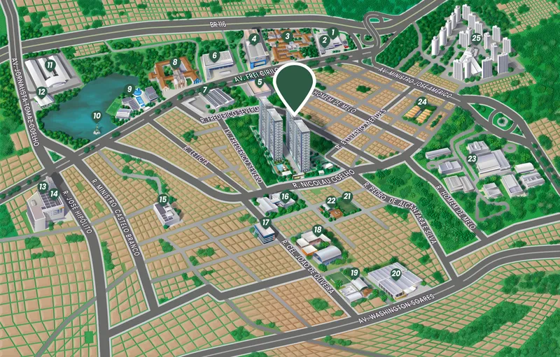 Mapa ilustrado do entorno do Viver Bosque, na Messejana, com a Avenida Frei Cirilo, a Rua Nicolau Coelho e os pontos de comércio, saúde, educação e transporte marcados