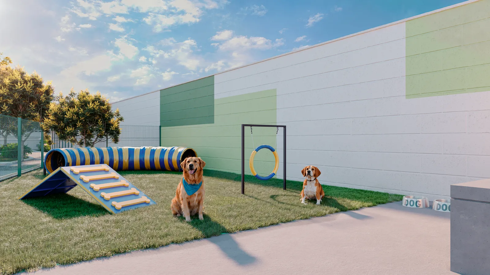 Pet place do Viver Bosque, com túnel, obstáculos de agility e cães brincando sobre a grama