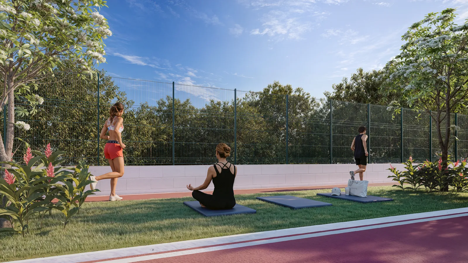 Pista de caminhada e espaço yoga do Viver Bosque, com piso emborrachado, jardim e pessoas em atividade