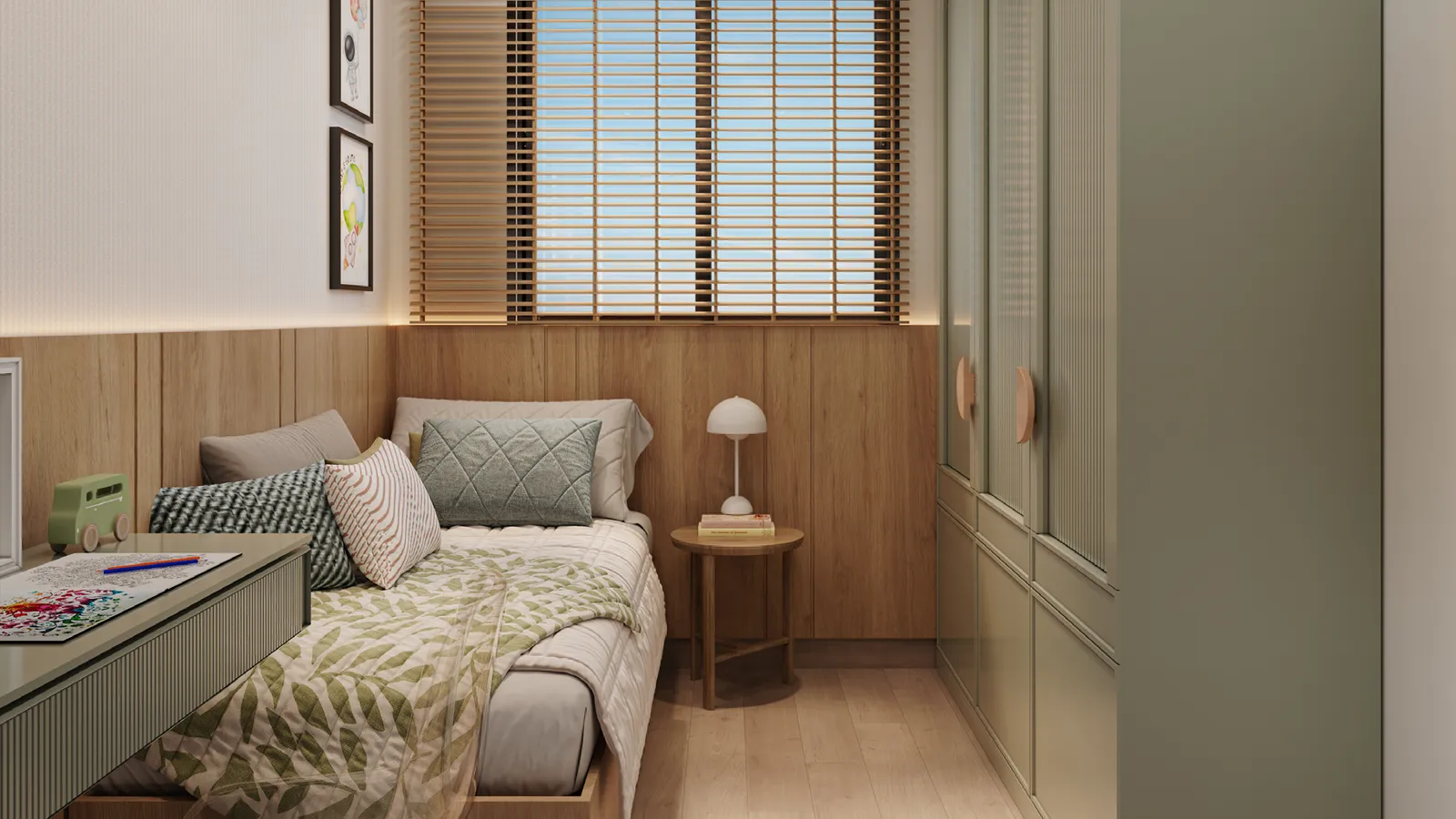 Segundo quarto de um apartamento do Viver Bosque, decorado com cama de solteiro, escrivaninha e armário