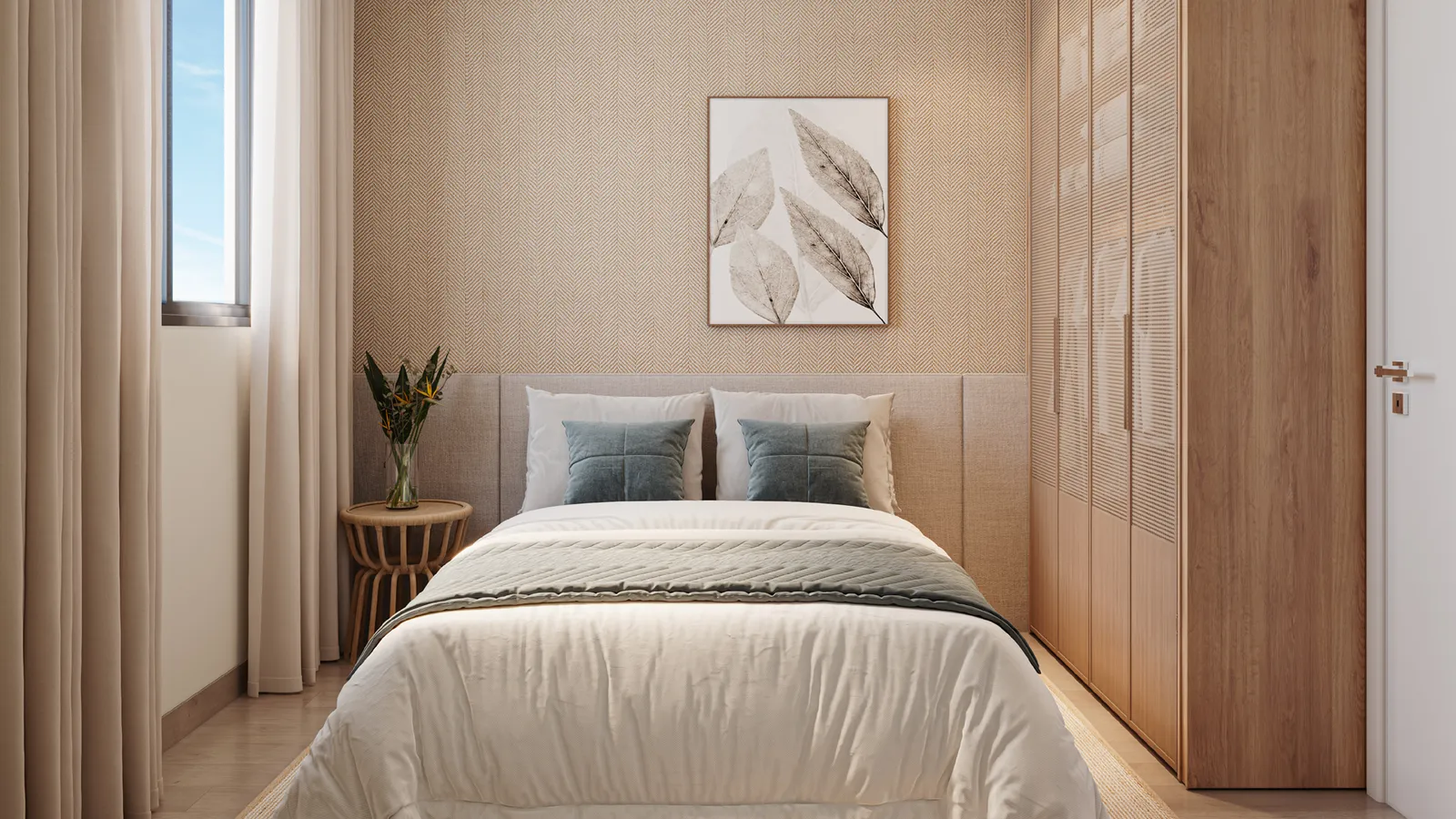 Quarto de casal decorado de um apartamento do Viver Bosque, com cama, roupeiro e quadro na parede