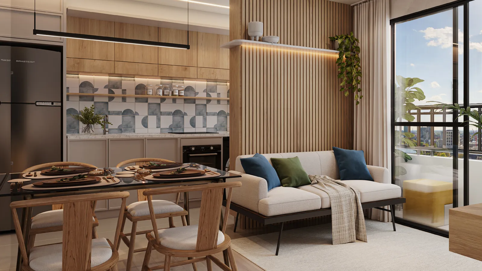 Sala de estar e jantar decorada de um apartamento do Viver Bosque, integrada à cozinha, com mesa, sofá e a varanda ao fundo