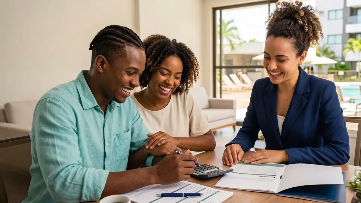 Imagem ilustrativa de um atendimento: casal e corretora à mesa, com calculadora e pasta de financiamento