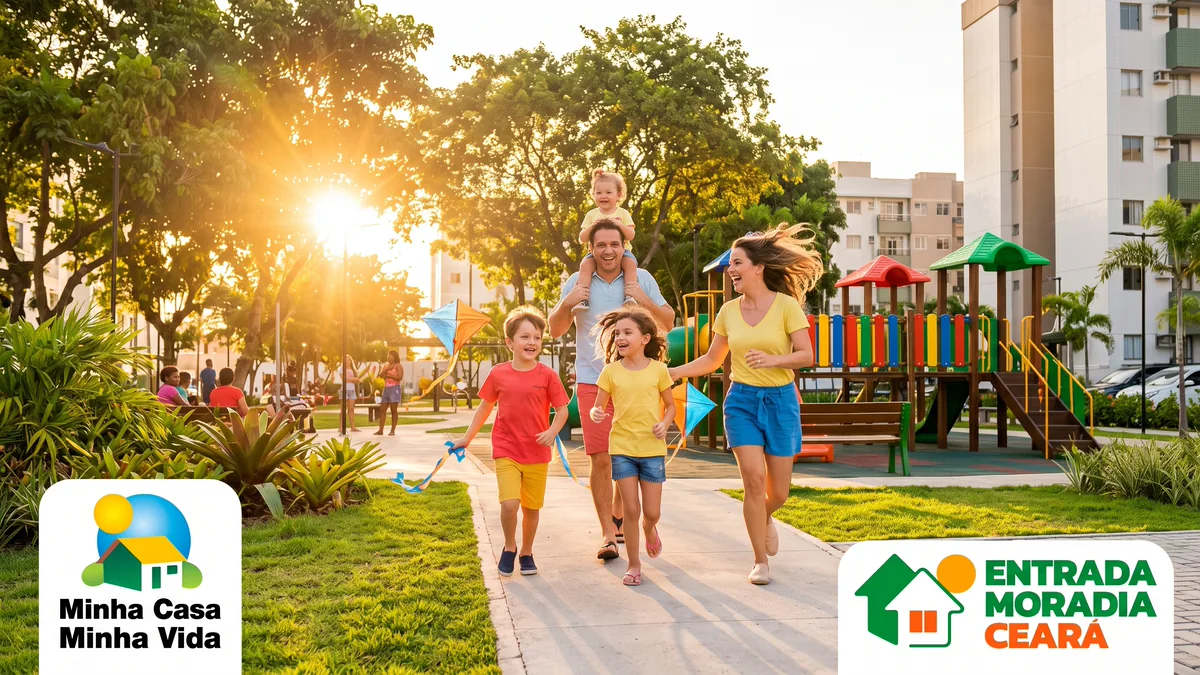 Familia caminhando na area de lazer de um condominio, com os selos do Minha Casa Minha Vida e do Entrada Moradia Ceara